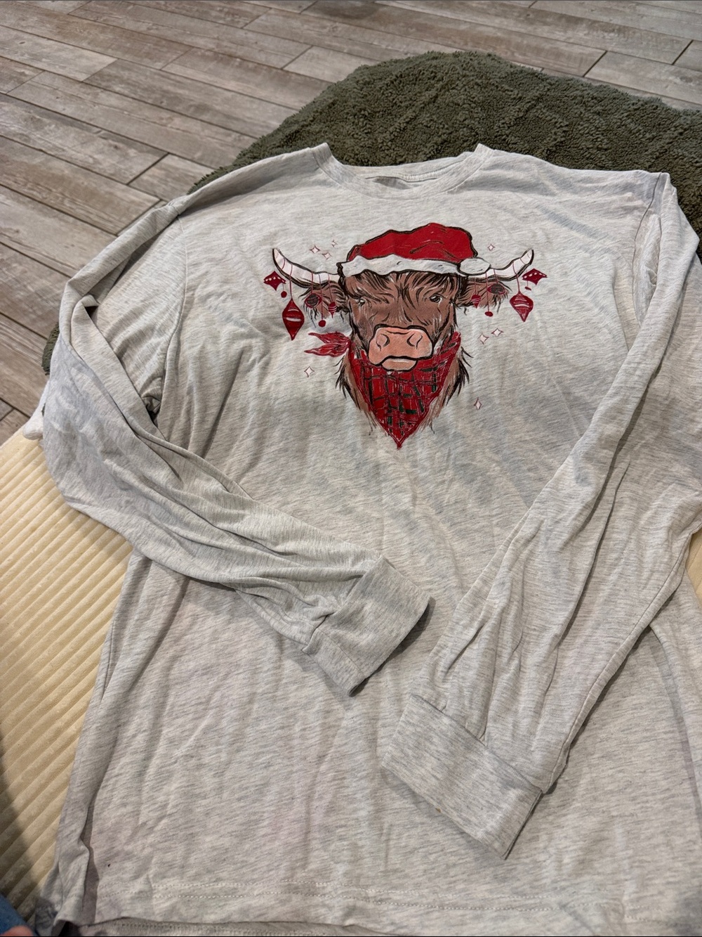 Light Gray Long Sleeve Tee with Festive Bull Graphic